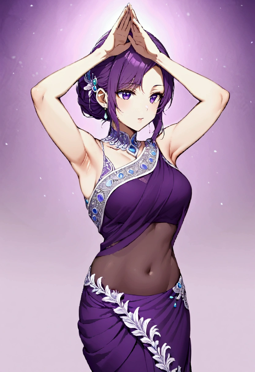 Shinobu wearing saree, sleeveless blouse, hands raised, armpits, purple hair