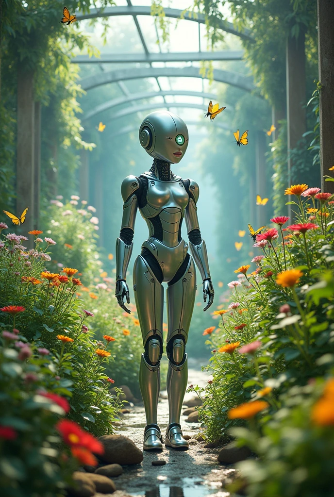 A beautiful female robot smiles slightly, enjoying the herb garden in the most modern science lab. A sign reads, "TAMRABPRAILUANG HERB" There are waterfalls, butterflies, and bees.