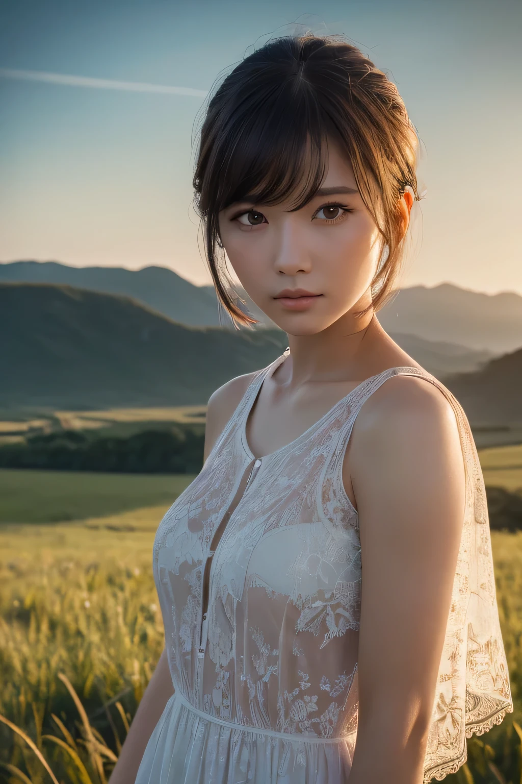 (Ultra-realistic), (figure), (High resolution), (8k), (Very detailed), (Best figure), (Beautiful and detailed), (Highest quality), (Super detailed), (masterpiece), (wallpaper), (Detailed face), alone, One Girl, watching viewer, Less exposure、Fine details, Detailed face, In the Dark, Deep Shadow, Modest, Pure Erotic Face Ace_v1, cool, short hair, Pointed diagonal bangs,Standing on the grassland、Pensive、Beautiful views、Vast landscape、summer