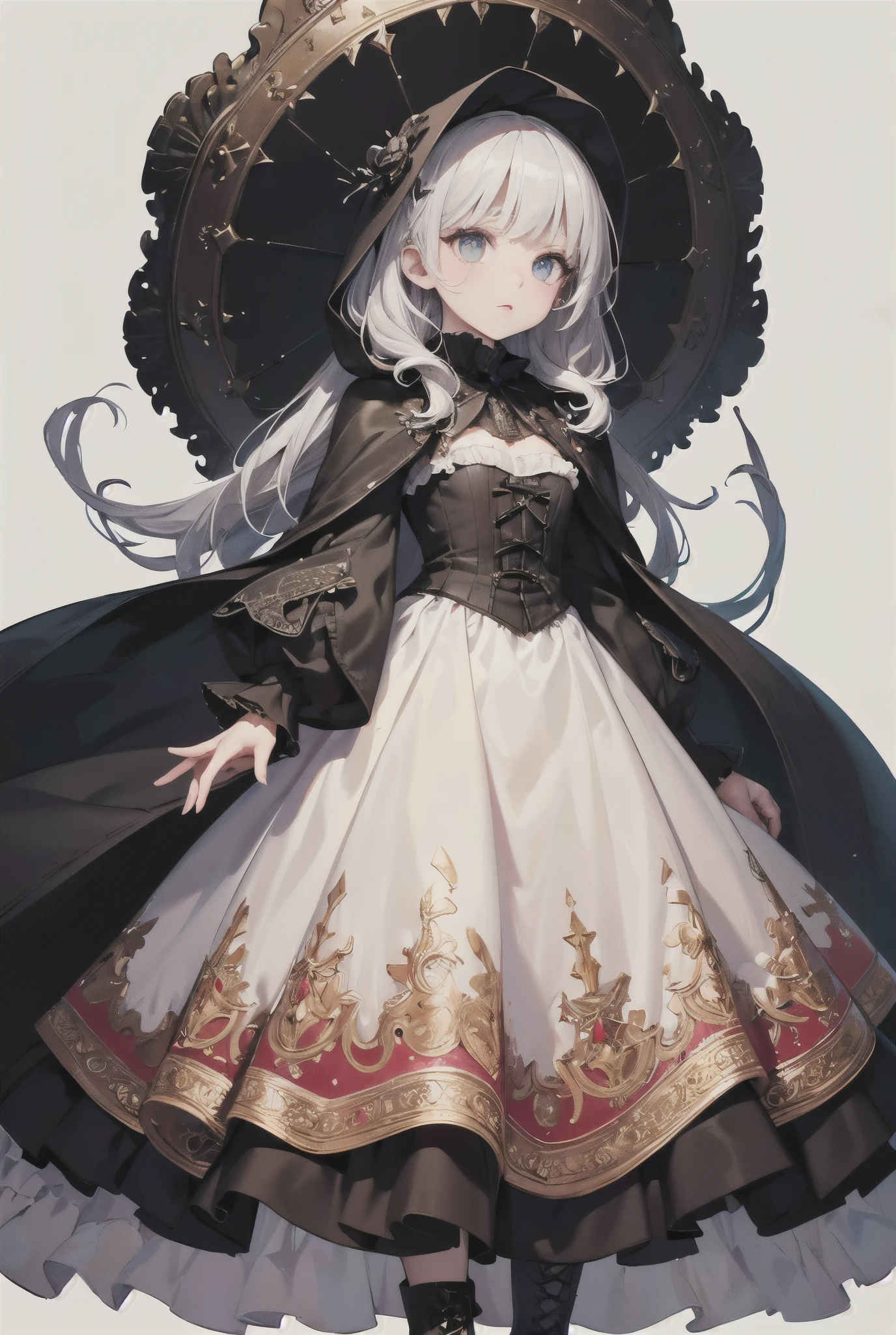 (((masterpiece, of the highest quality, super detailed))), hand drawn style, hand painted style, watercolour, sketch, a knight, white background, plain background, Bloodborne inspired, tatty Bloodborne attire, occult aesthetic, occult, tatty red and white clothing detailed and intricate steampunk and detailed gothic ta (with a hood), diadems, long coat, very thin long legs, Complex laced boots, Fluttering lace flared long knee length dress with frilly petticoats, long dress, knee length dress, petticoats gothic lolibeautiful small breasts, (((( Highly detailed face))), small thin nose, Small thin lips mouth, (((Very sharp focused eyes))), Very large slit precision pale grey eyes that shine like jewels. very long eyelashes, Silver hair swaying in the wind, Emitting a dazzling light in a mandala pattern, white background, Very dramatic and cinematic lighting, tatty damaged old red and white clothing, full body, whole body, body, cosmic horror, grim dark