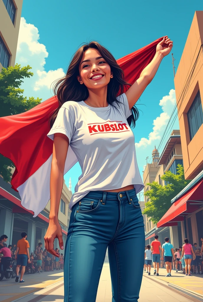 Produce a Realistic 25year old girl, wearing a white t-shirt, blue jeans, sneakers, and name "KLUBSLOT" written on his shirt and the girl is standing on the street holding the Indonesian national flag, and behind it is Red For Indonesia. and written in the sky Independence Day "create high quality Realistic images, in comic book style