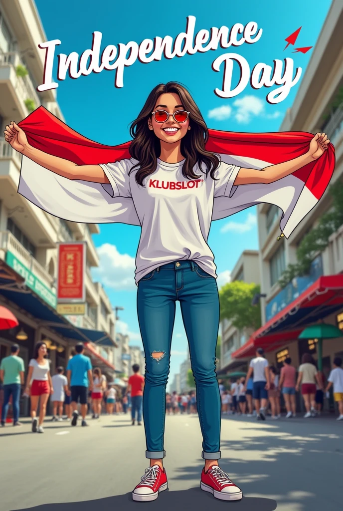 Produce a Realistic 25year old girl, wearing a white t-shirt, blue jeans, sneakers, and name "KLUBSLOT" written on his shirt and the girl is standing on the street holding the Indonesian national flag, and behind it is Red For Indonesia. and written in the sky Independence Day "create high quality Realistic images, in comic book style