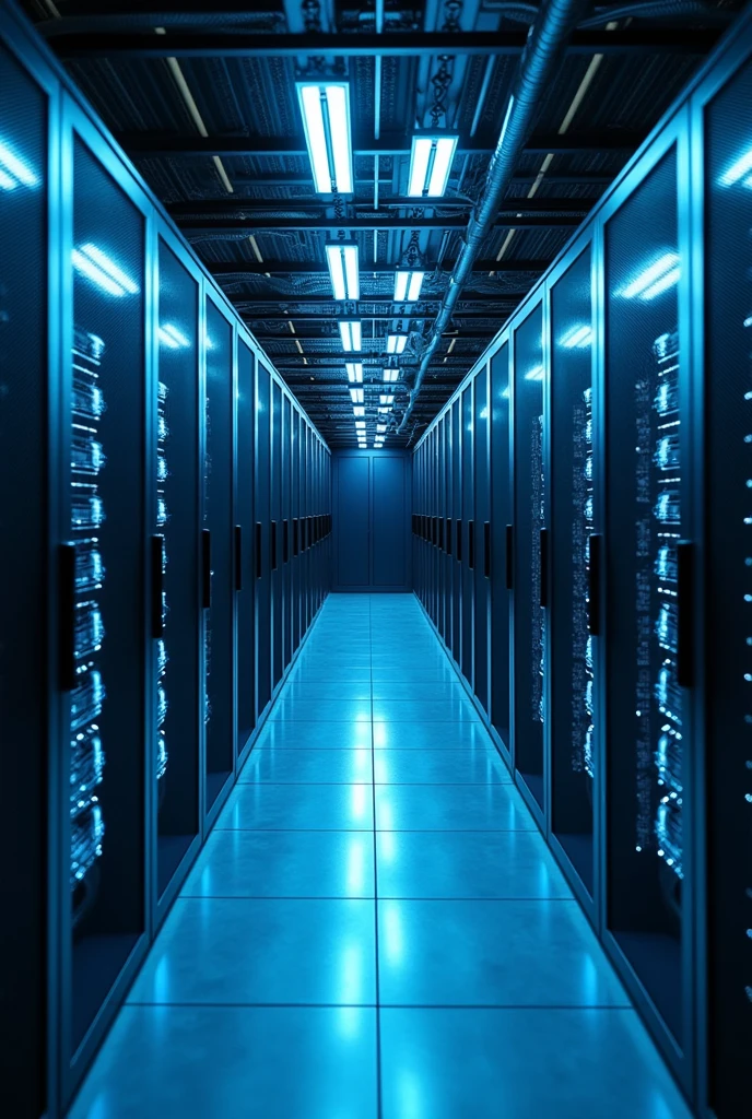 Create a 3D rendering of a modern datacenter container viewed from slightly above. The container is rectangular with a simple, industrial design. The long sides of the container have multiple air fans. One side pulls air in, and the opposite side expels it. Inside, there is a single row of server racks running through the middle of the container, from one short side to the other.
The roof of the container is partially transparent, showing the server racks inside. The overall design should be realistic and slightly futuristic, with cool, industrial lighting and detailed fans, racks, and the steel structure.