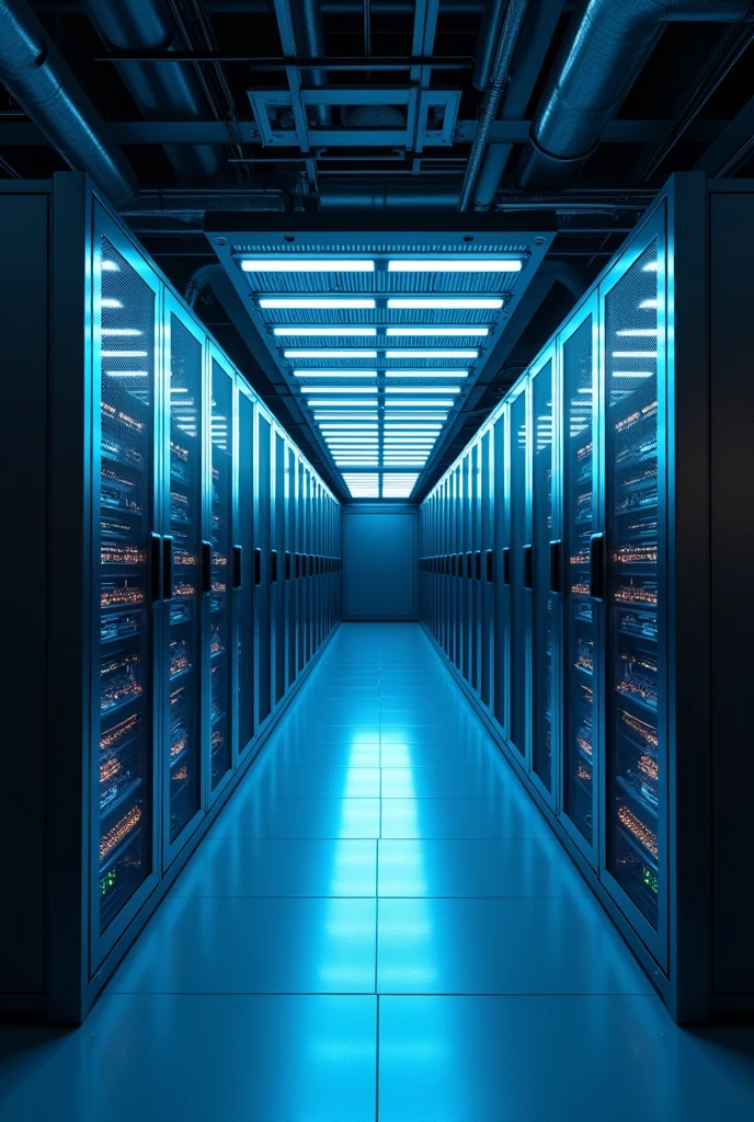 Create a 3D rendering of a modern datacenter container viewed from slightly above. The container is rectangular with a simple, industrial design. The long sides of the container have multiple air fans. One side pulls air in, and the opposite side expels it. Inside, there is a single row of server racks running through the middle of the container, from one short side to the other.
The roof of the container is partially transparent, showing the server racks inside. The overall design should be realistic and slightly futuristic, with cool, industrial lighting and detailed fans, racks, and the steel structure.