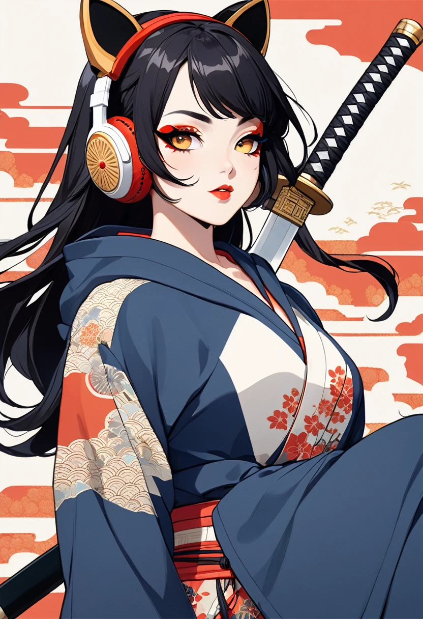 (((1 girl))), (((Flashy makeup))), (((Japanese style headphones))), (((Japanese pattern hoodie))), (((Japanese sword))), (((Female samurai))), Japanese beautiful girl, BIG BREAST, BIG ASS,Black Hair, Delicate and precise, Modern ukiyo-e style, Japanese flag, battle style