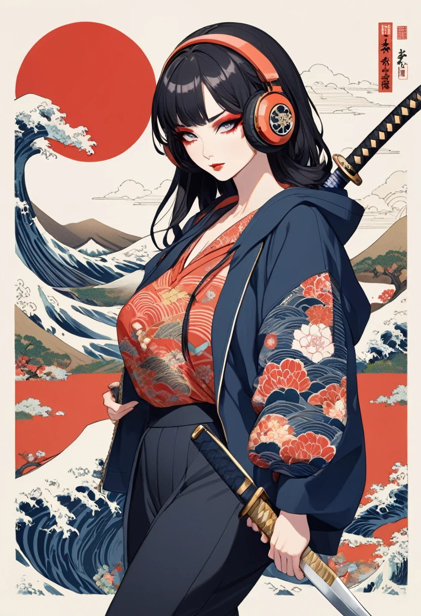 (((1 girl))), (((Flashy makeup))), (((Japanese style headphones))), (((Japanese pattern hoodie))), (((Japanese sword))), (((Female samurai))), Japanese beautiful girl, BIG BREAST, BIG ASS,Black Hair, Delicate and precise, Modern ukiyo-e style, Japanese flag, battle style
