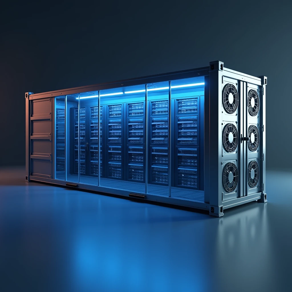 Create a 3D rendering of a modern datacenter container viewed from slightly above. The container is rectangular with a simple, industrial design. The long sides of the container have multiple air fans. One side pulls air in, and the opposite side expels it. Inside, there is a single row of server racks running through the middle of the container, from one short side to the other.
The roof of the container is partially transparent, showing the server racks inside. The overall design should be realistic and slightly futuristic, with cool, industrial lighting and detailed fans, racks, and the steel structure.
