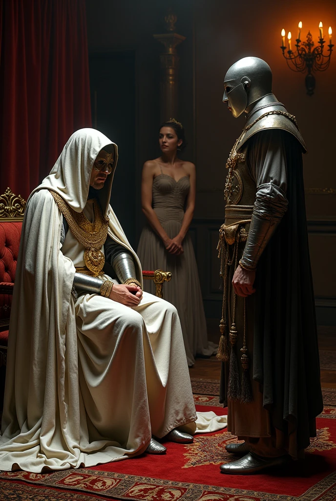 Depict a tense moment between Baldwin IV and Guy of Lusignan. The scene is set in a royal chamber, where Baldwin, seated but clearly weak and wearing silver mask, engraved gold chain, divine papacy, legendery hood, divine papacy legs, cape in whte looking cool, confronts Guy, who stands before him with a defiant posture. Sibylla is in the background, torn between loyalty to her brother and her husband, her expression filled with conflict. The room is dimly lit by flickering torches, and the atmosphere is thick with political tension. The rich decor of the chamber, with heavy curtains and intricate carpets, contrasts with the coldness between the characters.