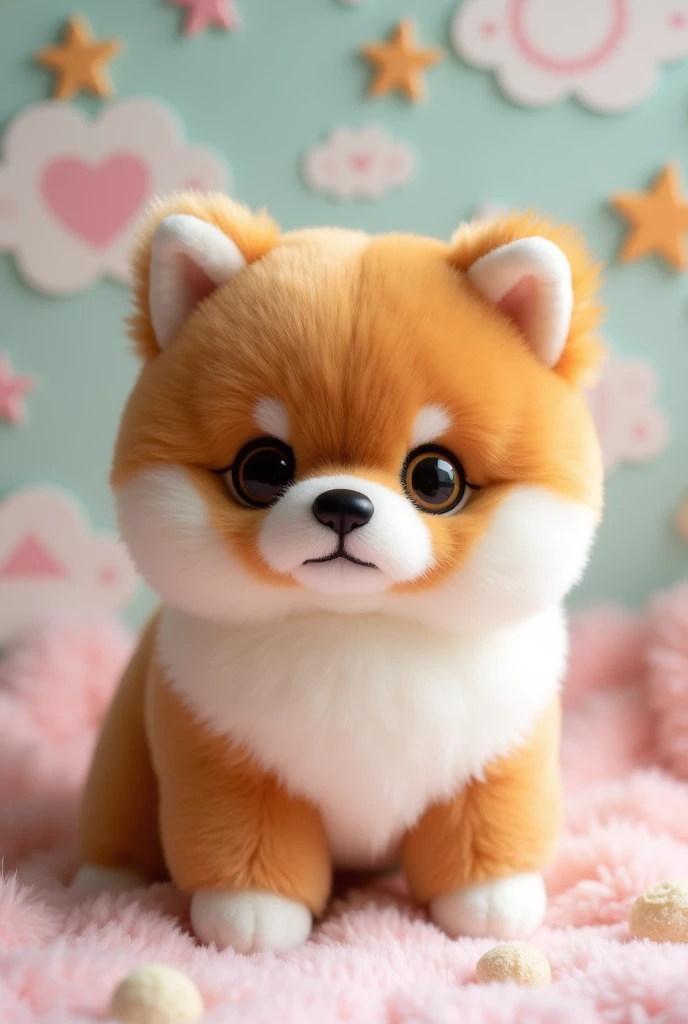 Pomeranian plush。Facing forward。Fur with multiple colors used。
