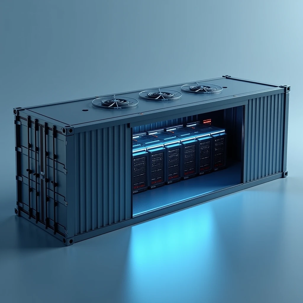Create a 3D rendering of a modern datacenter container viewed from slightly above. The container is rectangular with a simple, industrial design. The long sides of the container have multiple air fans. One side pulls air in, and the opposite side expels it. Inside, there is a single row of server racks running through the middle of the container, from one short side to the other.
The roof of the container is partially transparent, showing the server racks inside. The overall design should be realistic and slightly futuristic, with cool, industrial lighting and detailed fans, racks, and the steel structure.