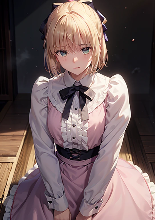 masterpiece, beautiful detail, beautiful light and shadow,Beautiful Anime Woman, Beautiful art style, Anime characters,1girl, ((((solo)))),saber,blonde hair, short hair, hair ribbon, jirai fashion, ((pink blouse)),elegant frills, skirt,golden cuffs, white collar,belt,outdoors,winter,smile,parted lips break ((dynamic pose)), dramatic makeup, close-up