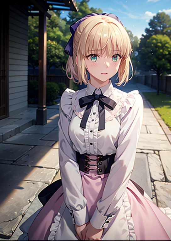 masterpiece, beautiful detail, beautiful light and shadow,Beautiful Anime Woman, Beautiful art style, Anime characters,1girl, ((((solo)))),saber,blonde hair, short hair, hair ribbon, jirai fashion, ((pink blouse)),elegant frills, skirt,golden cuffs, white collar,belt,outdoors,winter,smile,parted lips break ((dynamic pose)), dramatic makeup, close-up