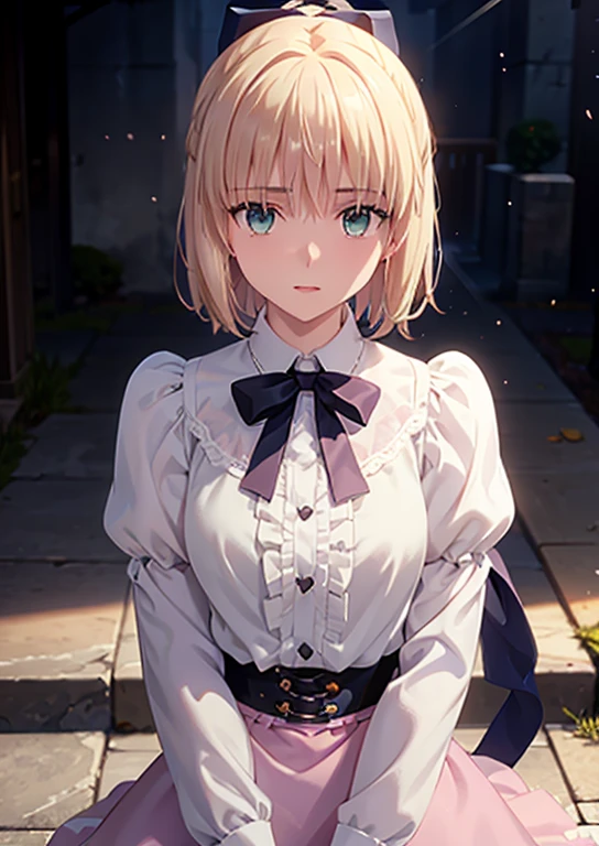 masterpiece, beautiful detail, beautiful light and shadow,Beautiful Anime Woman, Beautiful art style, Anime characters,1girl, ((((solo)))),saber,blonde hair, short hair, hair ribbon, jirai fashion, pink blouse,skirt,golden cuffs, white collar,belt,outdoors,winter,smile,parted lips break ((dynamic pose)), dramatic makeup, close-up