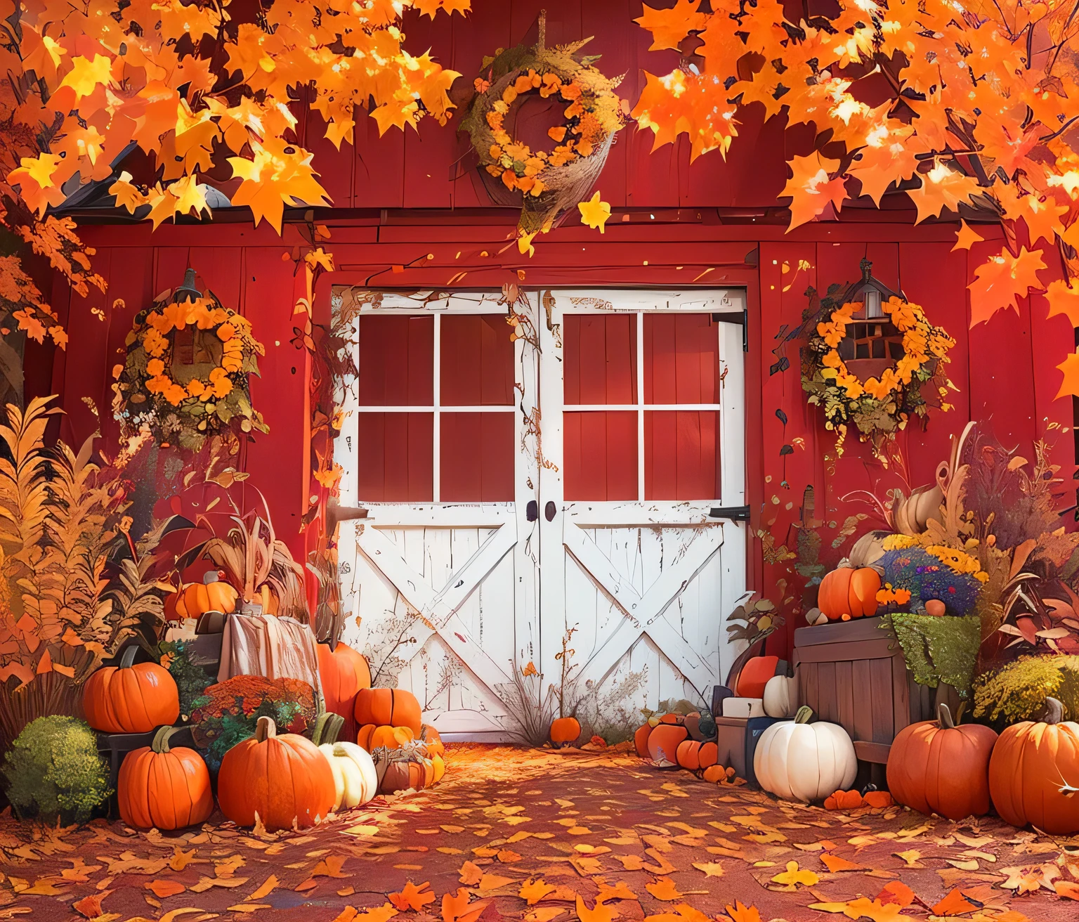 There are many pumpkins and sunflowers in front of the barn。, autumn, Golden Autumn Season, magical leafs falling, Pumpkin Farm Background, 3 2 x 3 2, 2 5 6 x 2 5 6, 256x256, Harvest autumn vitality, Fallen leaves falling on the floor, Autumn leaves fall, 🍂 Lovely, Foreground Background, Harvest autumn vitality