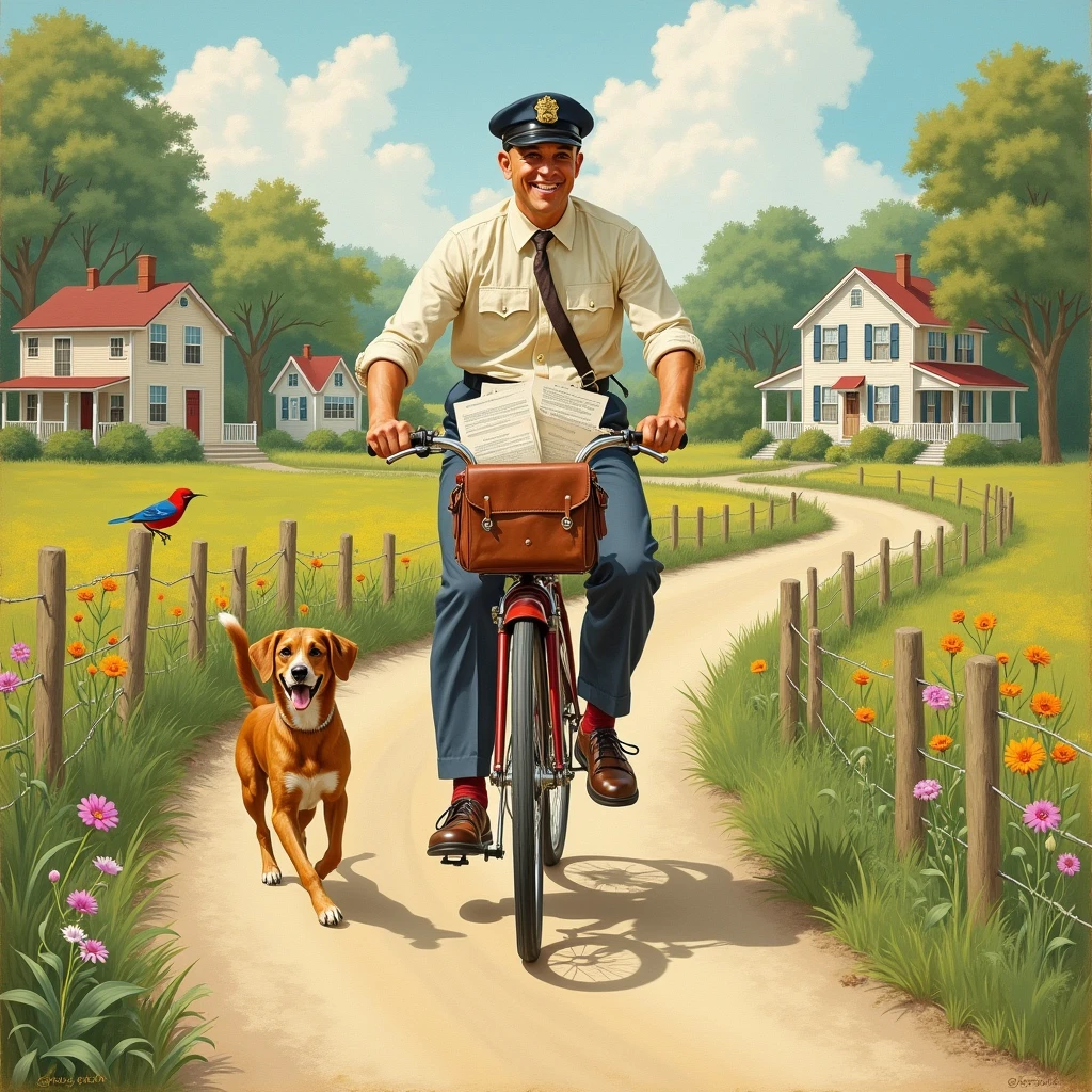 postman delivering by bicycle, good old american landscape illustration, somewhat humorous, pastoral, Norman Rockwell style,