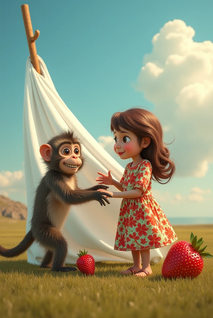 Create an image with a monkey, a tamal, Wendy Guevara, a strawberry, a sheet, and a sole, all holding hands.