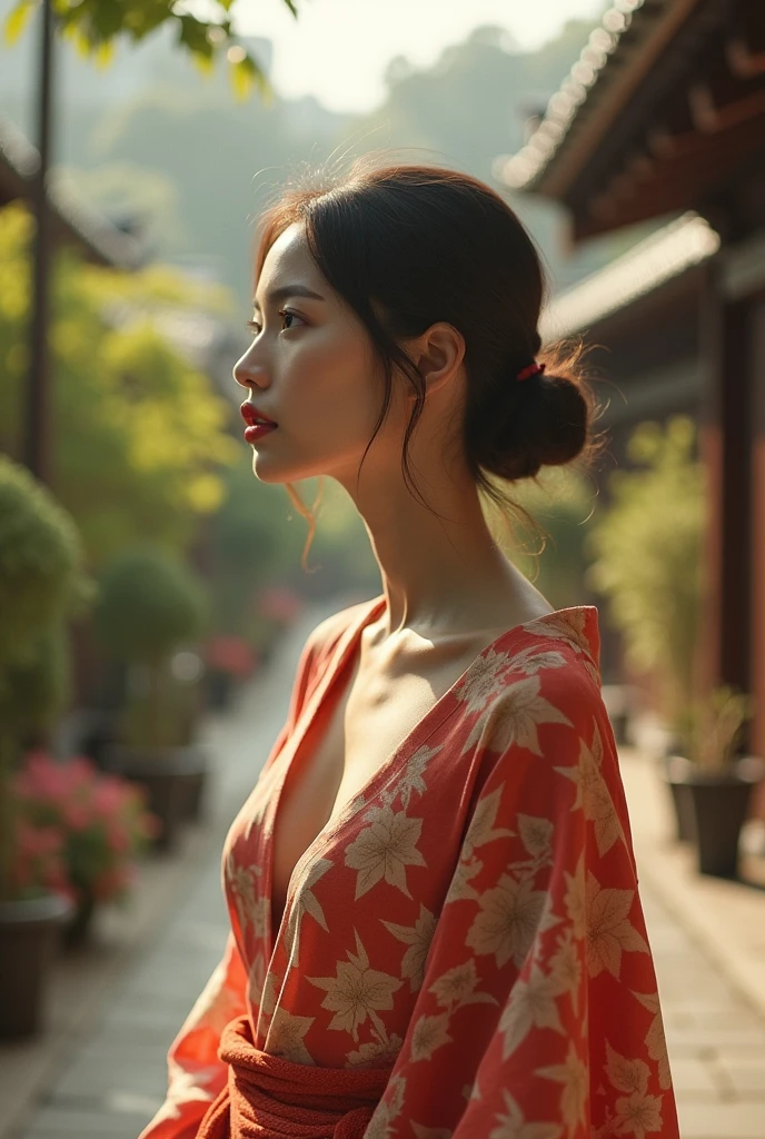 editorial photography,super detailed background,Super realistic,double exposure,depth of field,cool beauty super skinny vides,soft focus sepia color tone,narrative scene,Zen city,open Crimson lips,Wabi-Sabi,narrow eyes,unbuttoned geometric kimono,full body shot,looking away,super short straight hairstyle,
