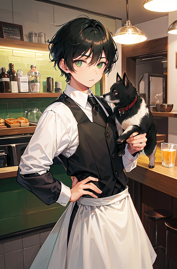 <lora:Kouya v6:0.6>, Kouya wearing a waiter uniform, apron, serving tray with drinks