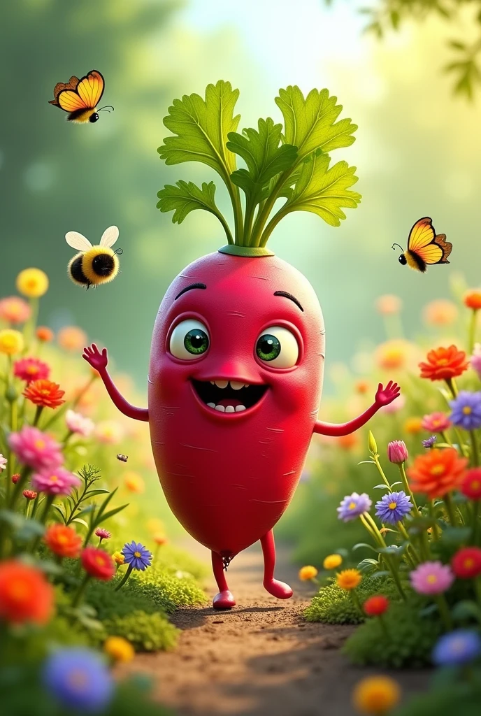 A cheerful radish with eyes and legs in the garden
