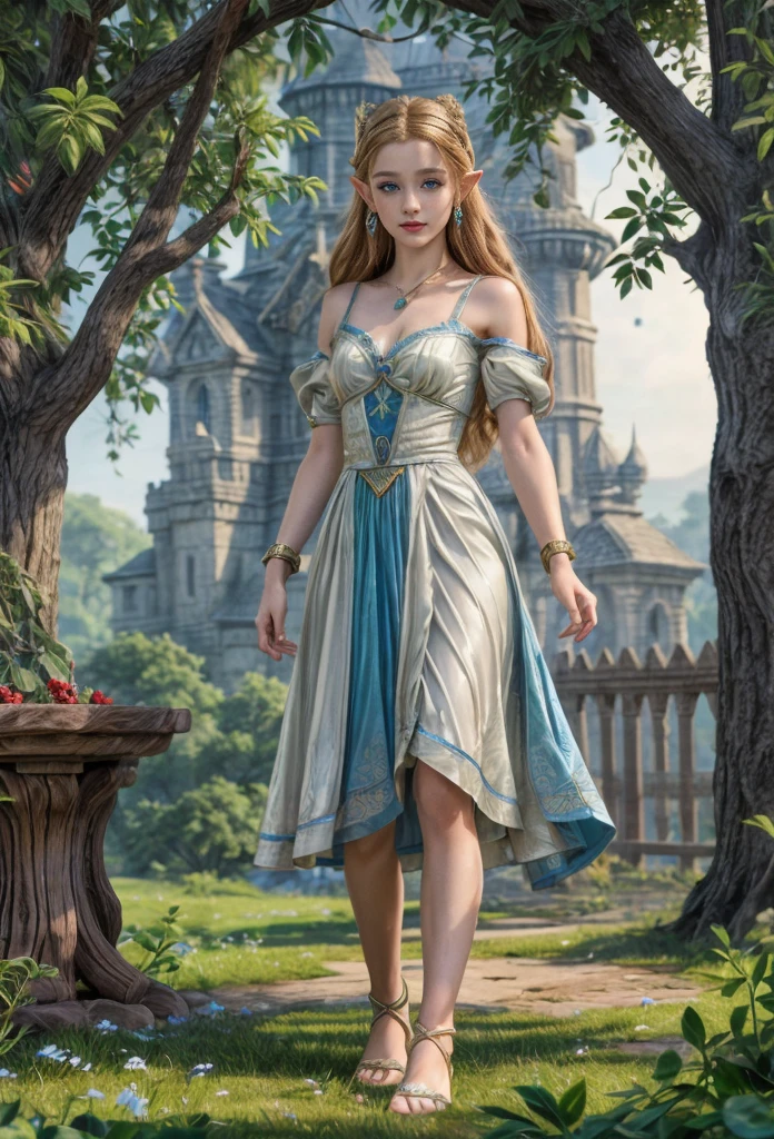 Princes Zelda, blue eyes, (best qualityer, ultra detail), (realisitic:1.37), beautiful and detailed face, ultra-realisitic texture, Exquisite face, Delicate body, red lipgloss stick, shiny colors. High definition, 8k.