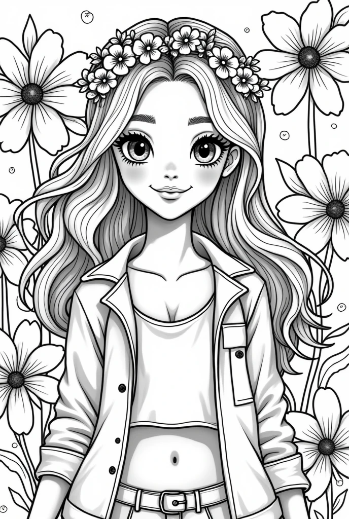 Give me a teen age cute and fantastic lady coloring book pages flowers background no color no grayscale no shadow high details but the design is simple and bold