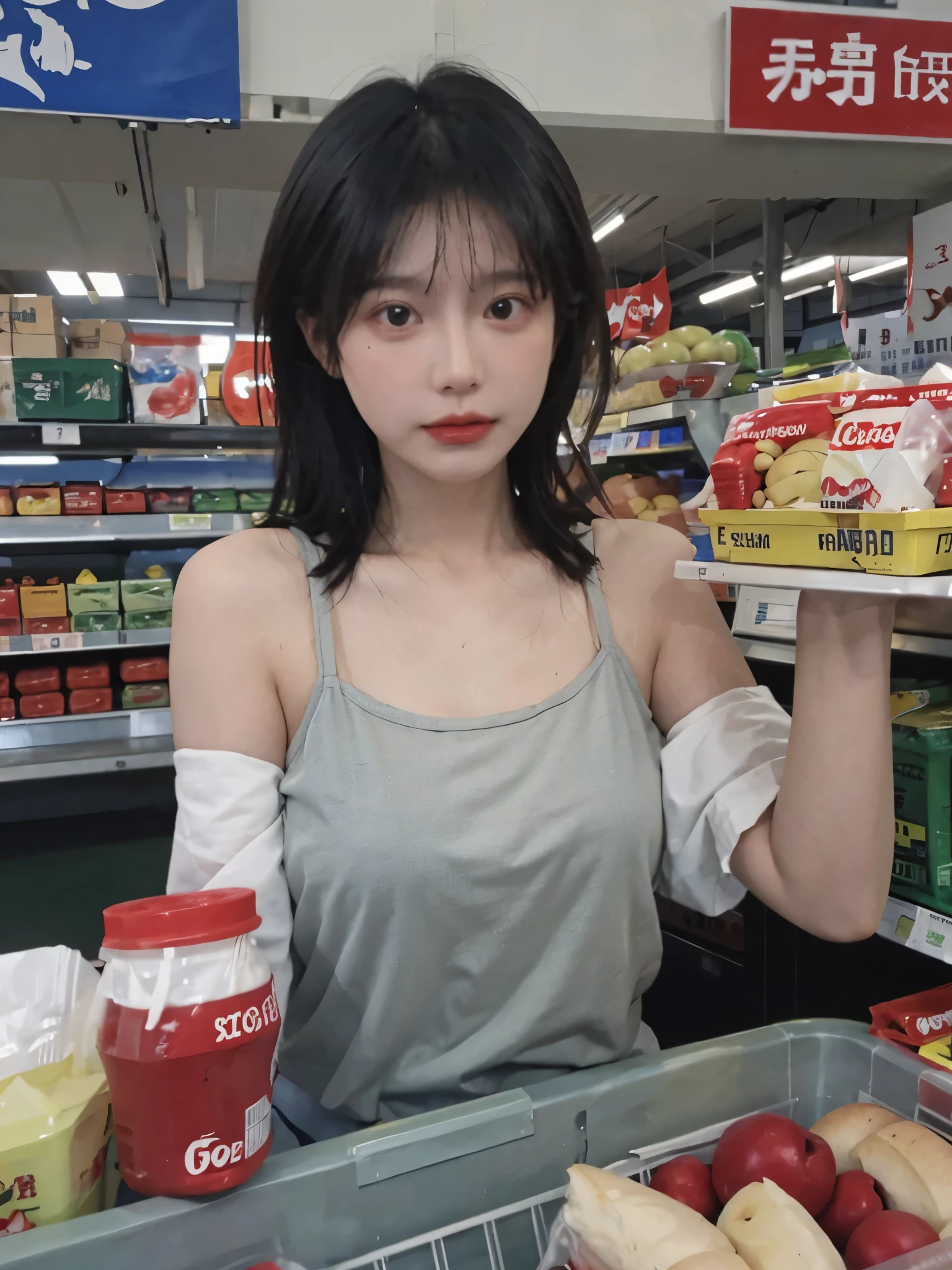 best quality,masterpiece,Ultra-high resolution,(lifelike:1.4),1 girl,Sexy,(supermarket:1.2),(Big breasts:1.2),(Upper body:1.4)