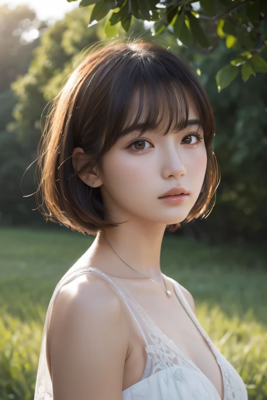 (Ultra-realistic), (figure), (High resolution), (8k), (Very detailed), (Best figure), (Beautiful and detailed), (Highest quality), (Super detailed), (masterpiece), (wallpaper), (Detailed face), alone, One Girl, watching viewer, Less exposure、Fine details, Detailed face, In the Dark, Deep Shadow, Modest, Pure Erotic Face Ace_v1, cool, short hair, Pointed diagonal bangs,Standing on the grassland、Pensive、Beautiful views、Vast landscape、summer、Gazing into the distance