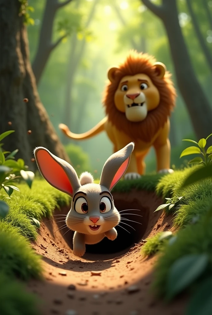 In 3d animation style "Show the clever rabbit quickly diving into a narrow burrow to escape from the chasing lion. The lion is seen outside, waiting impatiently, while the rabbit hides safely inside."