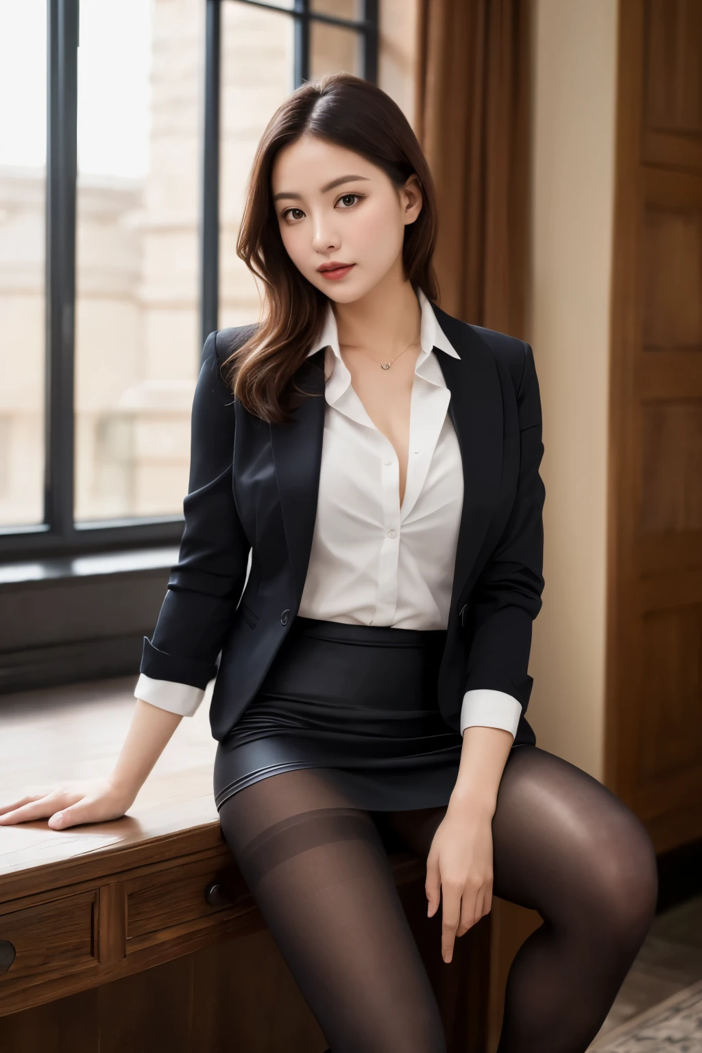 (Highest quality、masterpiece、Official Art、High resolution:1.2)、Highly detailed CG uniform 8K wallpaper、Clear images、Very detailed、(Only:1.2)、woman, (Skin with attention to detail:1.2)、secretary、formal, , Wearing a black suit,　Black jacket, (White shirt with a wide open chest), Black Pencil Skirt, Skirt and thighs、Lift up your skirt and show off your thighs、（(Super realistic black pantyhose:1.3)), (square glsses:1.4), Sit at the bay window、High heels、Full Body Shot