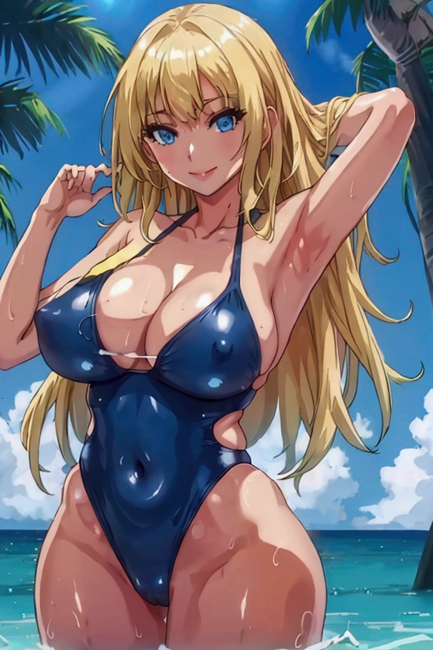 1girl, breasts, swimsuit, blonde_hair, solo, long_hair, blue_eyes, outdoors, navel, one-piece_swimsuit, cleavage, smile, looking_at_viewer, beach, day, sky, large_breasts, armpits, huge_breasts, thighs, black_one-piece_swimsuit, blue_sky, arm_up, collarbone, ocean, arm_behind_head, o-ring, rock, slingshot_swimsuit, closed_mouth, tree