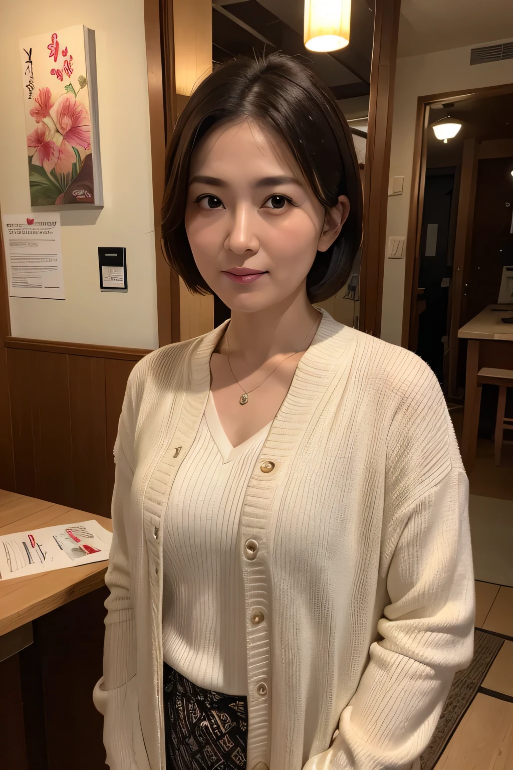 (In 8K, Highest quality, masterpiece:1.2), (Realistic, Photorealistic:1.37), Ultra-detailed, Natural light, , 1 person, 45-year-old woman, Black Hair, pendant, landlady、Japanese food、Izakaya、Less exposure, Highly detailed face and skin, Detailed eyes, Highly detailed face and skin、Take a full-body photo、color々A pose、dusk、Pensive