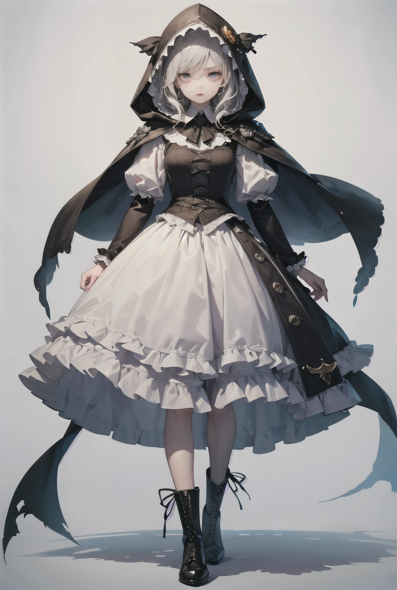 (((masterpiece, of the highest quality, super detailed))), hand drawn style, hand painted style, watercolour, sketch, a knight, white background, plain background, Bloodborne inspired, tatty Bloodborne attire, occult aesthetic, occult, tatty red and white clothing detailed and intricate steampunk and detailed gothic lolita (with a hood), diadems, long coat, very thin long legs, Complex laced boots, Fluttering lace flared long knee length dress with frilly petticoats, long dress, knee length dress, petticoats gothic lolita, beautiful small breasts, (((( Highly detailed face))), small thin nose, Small thin lips mouth, (((Very sharp focused eyes))), Very large slit precision pale grey eyes that shine like jewels. very long eyelashes, Silver hair swaying in the wind, Emitting a dazzling light in a mandala pattern, white background, Very dramatic and cinematic lighting, tatty damaged old red and white clothing, full body, whole body, body, cosmic horror, grim dark