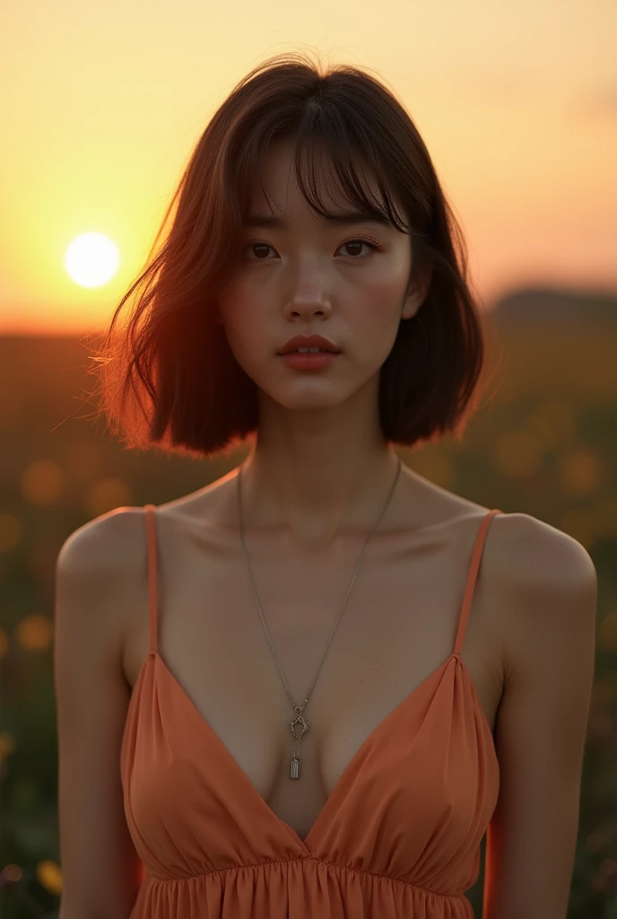 (Highest quality, 8k, 32K, masterpiece, Ultra-high resolution:1.2), Browsing Caution, Beautiful Japanese Women Photos, Large Breasts, Simple bob haircut, Upper Body, Face Focus, Maxi Dresses, Very good, Simple Background, Cinema Lighting, sunset, From above, Looking at the audience,