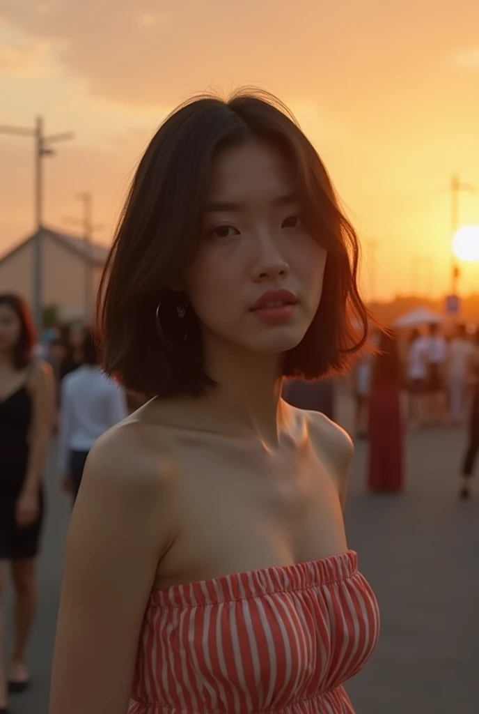 (Best quality, 8k, 32k, Masterpiece, UHD:1.2), NSFW, Photo of Pretty Japanese woman, large breasts, concise bob hair, upper body, face focus, maxi dress, no bra, simple background, cinematic lighting, sunset, from above, looking at the viewer,