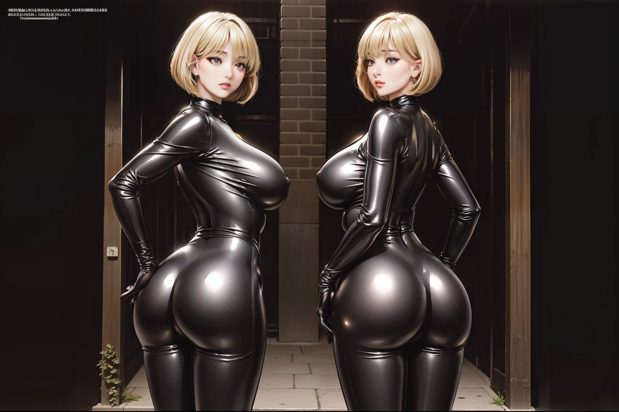 2 slim woman with big breasts wearing a very shiny tight pvc catsuit, standing in an alley, (best quality, 4k, 8k, high resolution, masterpiece: 1.2), ultra detailed, (realistic, photorealistic, photo-realistic: 1.37), vivid colors, beautiful detailed eyes, beautiful detailed lips, extremely detailed eyes and face, long eyelashes, long blonde bob cut hair, portrait. beautiful rear butt view