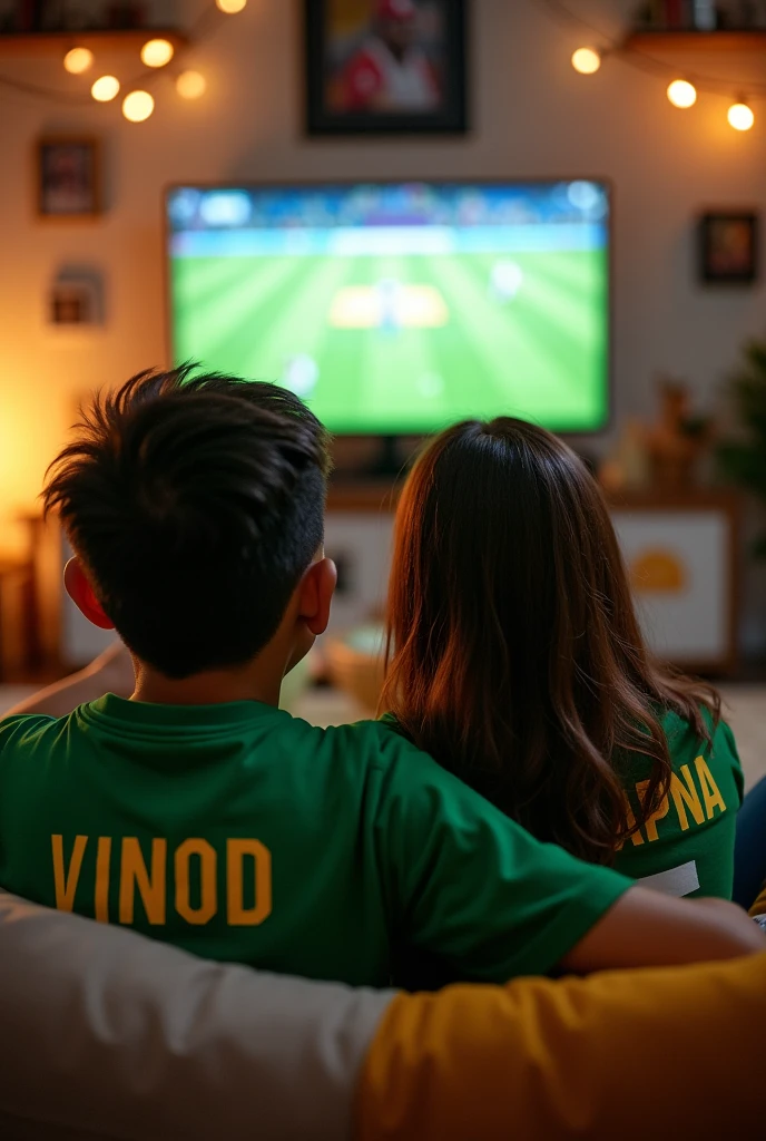 BF GF watching Pakistan cricket on tv
Boy that having Pakistani Shirt written Vinod behind and girl have worn shirt written sapna