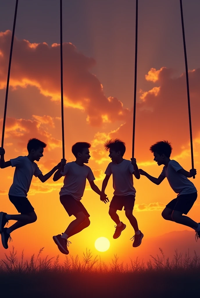 Please depict the silhouette of boys playing double dutch.。
Double Dutch is a jump rope game using two ropes。Two ropes are held by people at both ends、One rope is attached below the person jumping、the other rope is directly above the person jumping。
