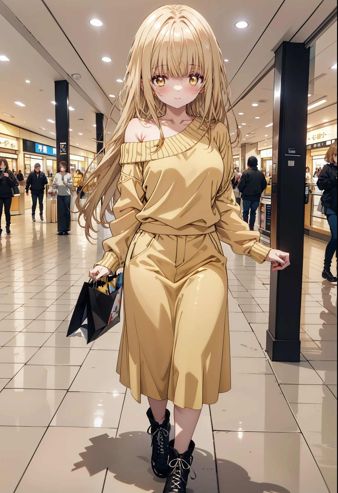 mahirushiina, mahiru shiina, Long Hair, bangs, Blonde, Brown Hair, (Yellow Eyes:1.3), smile,One-shoulder sweater,Long skirt,Black pantyhose,short boots,Walking,whole bodyがイラストに入るように,
break indoors, Shopping mall,
break looking at viewer, whole body,
break (masterpiece:1.2), Highest quality, High resolution, unity 8k wallpaper, (figure:0.8), (Beautiful attention to detail:1.6), Highly detailed face, Perfect lighting, Highly detailed CG, (Perfect hands, Perfect Anatomy),