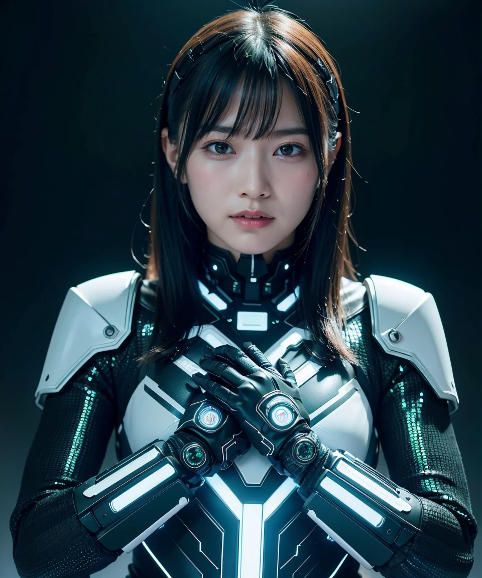 Hedonistic 22-year-old woman, (whole body:1.2), Sexy , ccute face, (View your audience, alone, Upper Body, Detailed Background, detailed face, (Neotech Theme:1.1) Evil Tech Futuristic Hacker, Grin, Advanced Technology, coat, Techwear, Electronics, Head-up display, green (Holographic Display:1.05), Access Denied, number, Laptop, neural network, Background screen, green lights, Cyber Warfare, Dark and ominous atmosphere, Shadow,) break ((Realistic)), Mid-chest, Beautiful woman, realistic face, Mouth Details, extremely detailed eye_and_face, beautiful attractive face, beautiful detailed eye, Female-specific characteristics, matte eyehadow, eyelash, perfect body break too dark, (whole body, masterpiece), High resolution, 8k resolution, Analog RAW Digital SLR, Highest quality, Absurd, Vibrant colors, Exquisite detail, (intricately detailed face_and_eye), realistic hands, Refined details, (Realistic lighting, Sharp focus), Center Fold, Bokeh, Official Art, 8k wallpaper, 超High resolution, プロの写真撮Shadow
