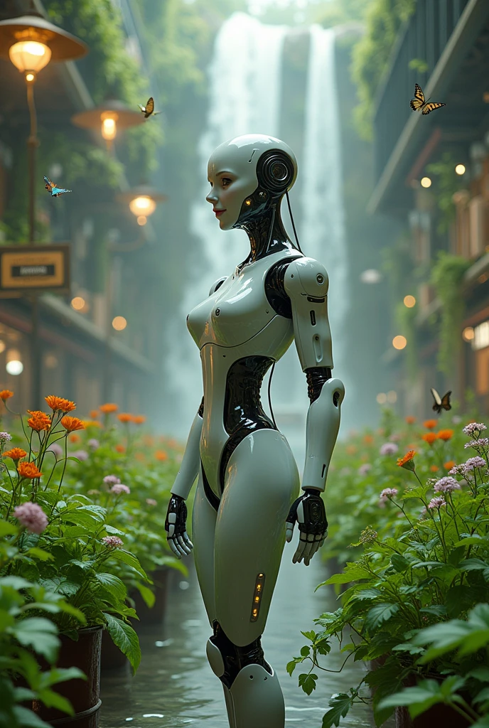 A beautiful female robot smiles slightly, enjoying the herb garden in the most modern science lab. A sign reads, "TAMRABPRAILUANG HERB" There are waterfalls, butterflies, and bees. 