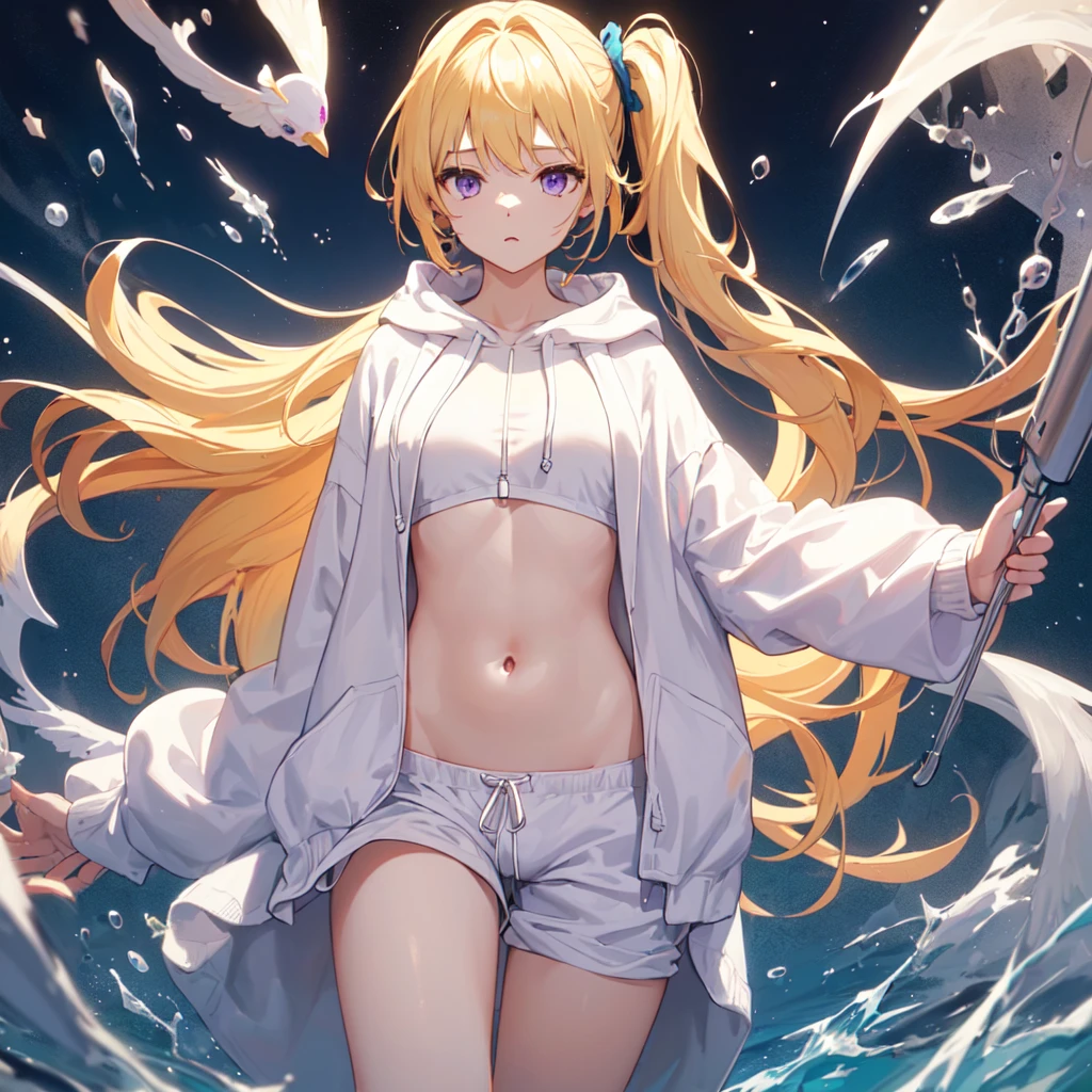 A young girl with long blonde hair, green pupils, slender figure, big breasts, no wearing anything on her body, her whole body is immersed in white liquid, and from the white liquid, you can faintly see the body, and the white liquid covers the chest