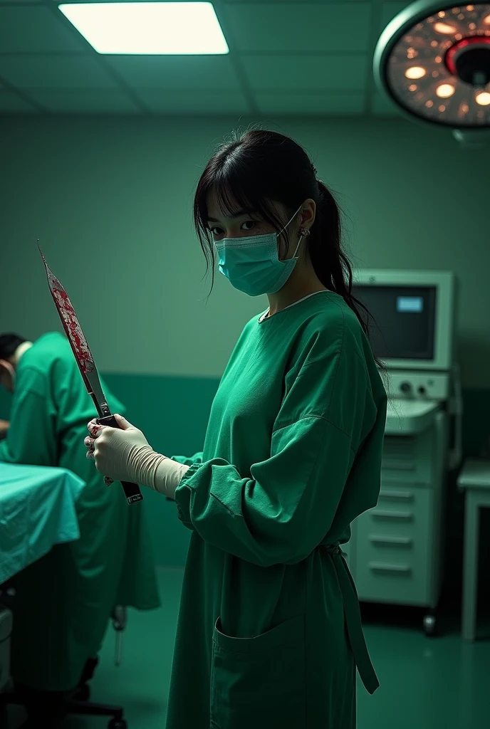 1girl, makima \(chainsaw man\) ((dressed like a surgeon)) ((wearing a green surgical gown a green surgical mask and long white surgical gloves)) ((she's holding a scalpel and has blood on her gloves and surgical mask)) ((the background is an operating room))
