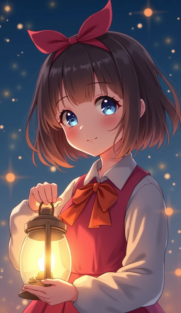 (extremely delicate and beautiful: 1.2), 1girl, bangs, blue eyes, blur, blur background, bow, brown hair, shut up, side view, hair between eyes, hair bow, lantern, light particles, long sleeves, look looking at audience, medium hair, night, red bow, solo, stars(symbol), upper body, smile, red lips