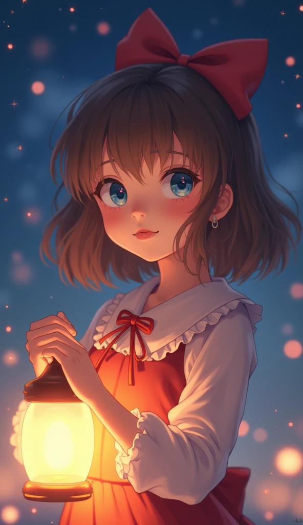 (extremely delicate and beautiful: 1.2), 1girl, bangs, blue eyes, blur, blur background, bow, brown hair, shut up, side view, hair between eyes, hair bow, lantern, light particles, long sleeves, look looking at audience, medium hair, night, red bow, solo, stars(symbol), upper body, smile, red lips