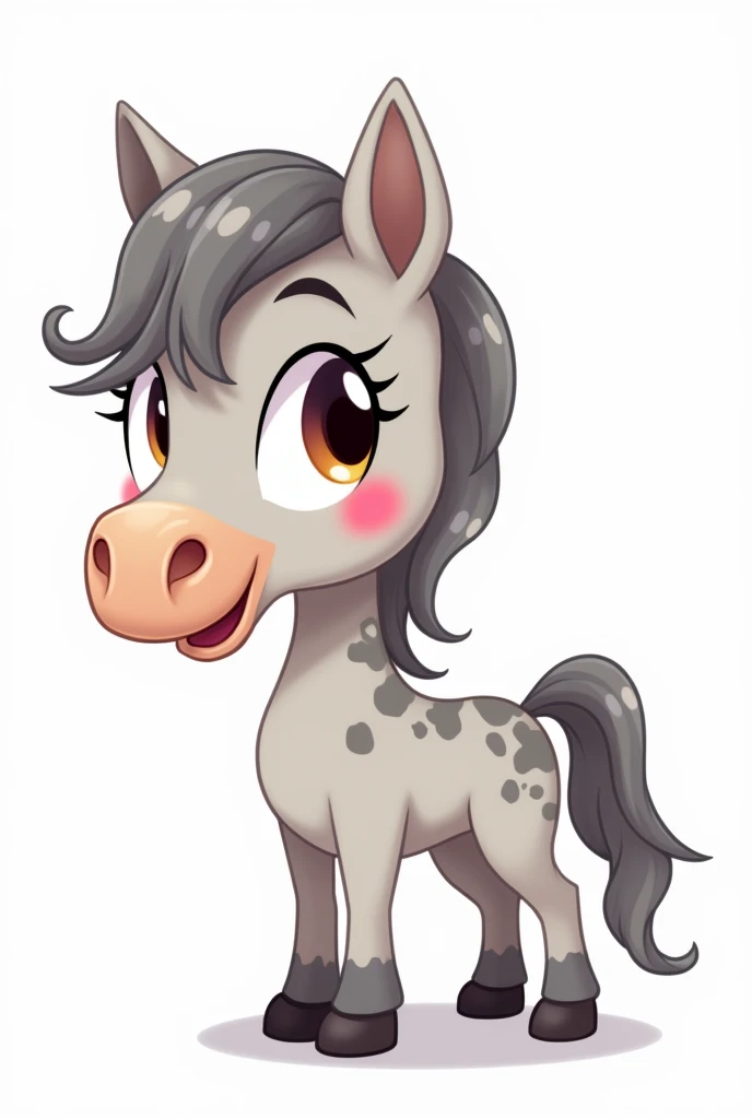 Illustration type cartoon sur fond transparent en se basant sur mon cheval (gris pommelé gris-marron sur tout le corps et la tête, crins gris clair, avec une  tâche rose sur le bout du nez côté naseau gauche, yeux marrons) debout
