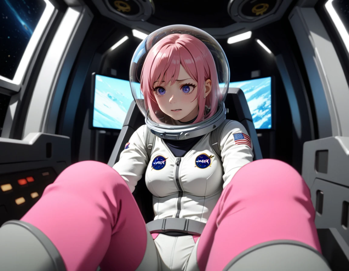 eva helm, spacesuit , astronaut), , pink hair, bubble helmet, space helmet, (1girl:1.1) wearing a (spacesuit:1.15), white cargo pants, (ugh, wtf do these buttons do:1.3), inside the cockpit of a (futuristic spaceship:1.1), sitting in the captains chair, (intricate control panels:1.3), (gleaming metal:1.1), surrounded by many buttons and dials and gauges, (confused:1.3), (worried expression:1.1), (nervous:1.1), concerned, beautiful 8k wallpaper, highly advanced, (sleek design:1.3), intricate, highres, superb, 8k wallpaper, extremely detailed, intricate,  from behing