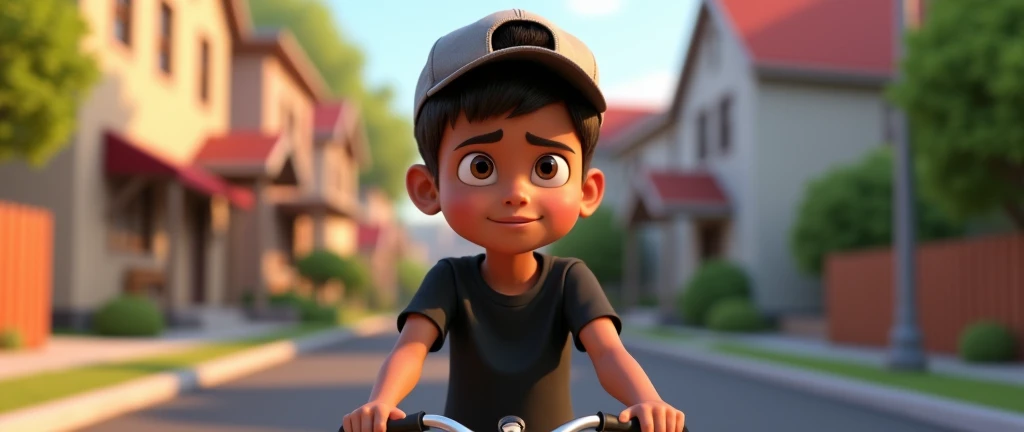 ( male character) a young boy animated film in the Disney Pixar style, high qualiy, best quality , pretty face dark skin, short and straight hair , beautiful eyebrow , wears black shirt , wears a cap backwards, She's biking to her friend's house in the neighborhood.