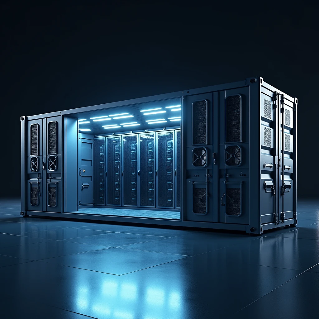 Create a 3D rendering of a modern datacenter container viewed from slightly above. The container is rectangular with a simple, industrial design. The long sides of the container have multiple air fans. One side pulls air in, and the opposite side expels it. Inside, there is a single row of server racks running through the middle of the container, from one short side to the other. the overall design should be realistic and slightly futuristic, with cool, industrial lighting and detailed fans, racks, and the steel structure.