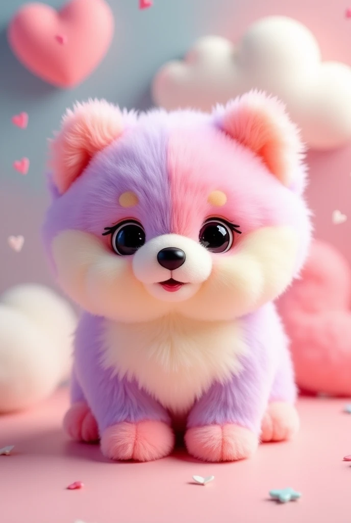 Pomeranian plush。Facing forward。Fur with multiple colors。Pink fur。