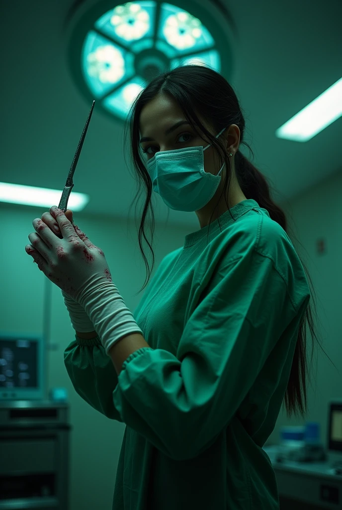 1girl, makima \(chainsaw man\) ((dressed like a surgeon)) ((wearing a green surgical gown a green surgical mask and long white surgical gloves)) ((she's holding a scalpel and has blood on her gloves and surgical mask)) ((the background is an operating room))